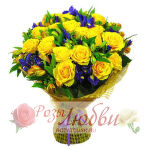 №92. Букет сборный из 19 желтых роз, альстремерий, ирисов синих.