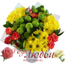 №148 Букет из 3 кустовых роз 6 кустовых хризантем с рускусом  и легкое оформление.