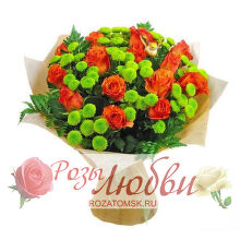 №89. Букет из 15 роз, 8 кустовых хризантем, с зеленью папоротника. Красивое оформление