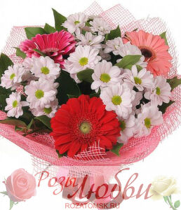 №94. Букет из 3 гербер и 4 хризантем с зеленью.